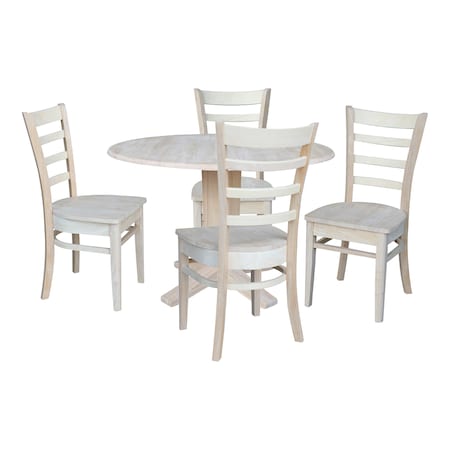International Concepts 42 in. Solid Wood Round Drop Leaf Pedestal Table with 4 Dining Chairs, Unfinished K-42DPT-23B-C617-4